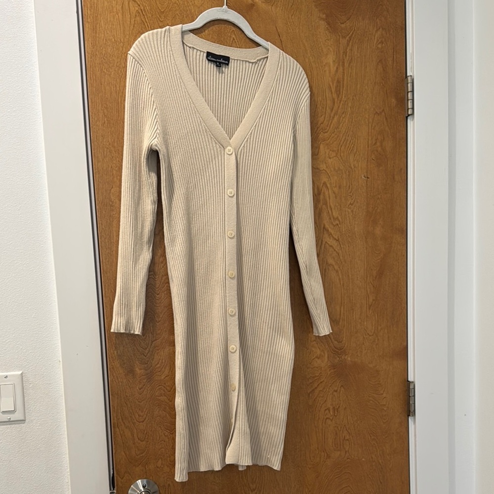 Cream Ribbed Button-Up Cardigan Dress